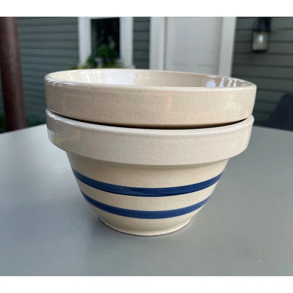 Robinson Ransbottom Blue Stripe Stoneware Mixing Bowls Set 2 Roseville OH 1.5qt